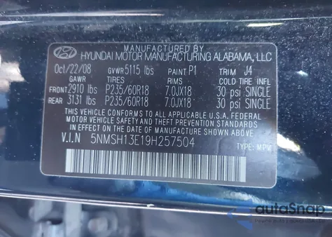 2009 Hyundai Santa Fe Se из США, поврежденный, VIN 5NMSH13E19H257504